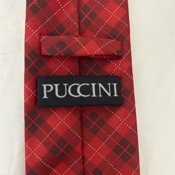 Puccini Men's Necktie Classic Designer Hand Made Red Diamond Plaid tie - Picture 3 of 6